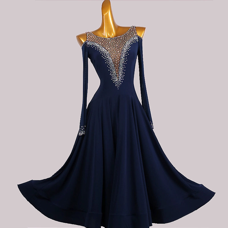 Custom Size Handmade Competition Navy Ballroom Dance Dresses for Women Girls Hollow Shoulder Waltz Tango Foxtrot Smooth Dance Long Gown for Female - Moderndancedress.com
