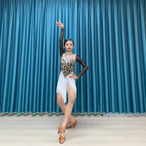Custom Size Leopard Competition Latin Dance Dresses for Women Girls Salsa Rumba Chacha Performance Outfits