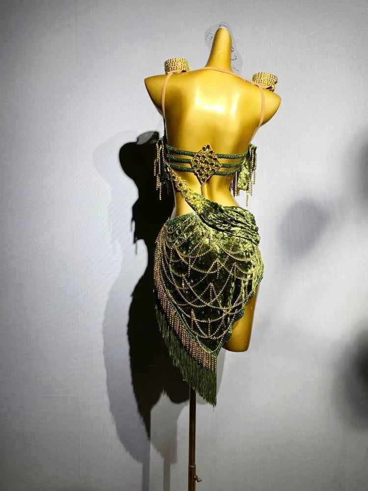 Custom Size Olive Green Competition Latin Dance Dresses for Women Gold Diamond Salsa Rumba Chacha Blackpool Dance Outfits