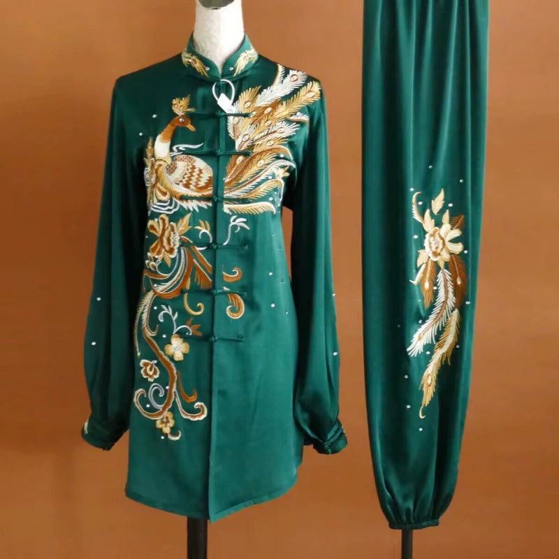 Custom Size Tai Chi Clothing Dark Green Embroidered Phoenix Wushu Martial Arts Kunfu Group Performance Uniforms - Moderndancedress.com