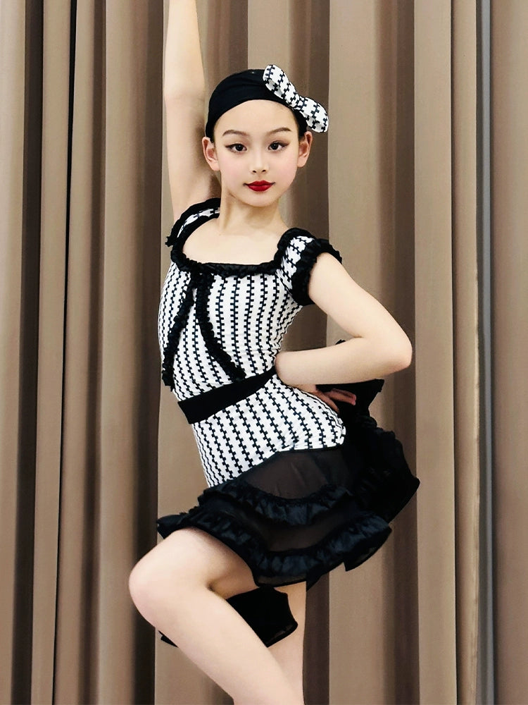 Black white plaid Latin dance dresses for kids girls salsa rumba latin stage performance dance uniforms for children - Moderndancedress.com