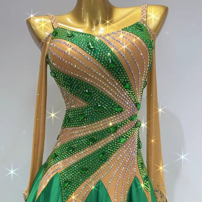 Customized Size Green Rhinestones Competition Ballroom Dance Dresses for Women Waltz Tango Rhythm Performance Gown - Moderndancedress.com