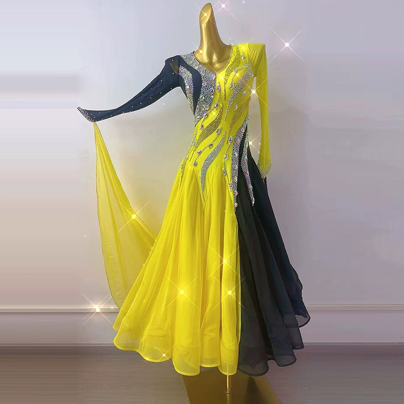 Custom Size Women's Competition Ballroom Dance Dresses Black Yellow Rhinestones Waltz Tango Gown