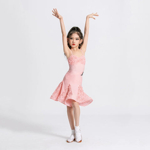 Children's pink rose flowers latin dance dresses girls salsa rumba chacha dance outfits flower dance wear for kids - Moderndancedress.com