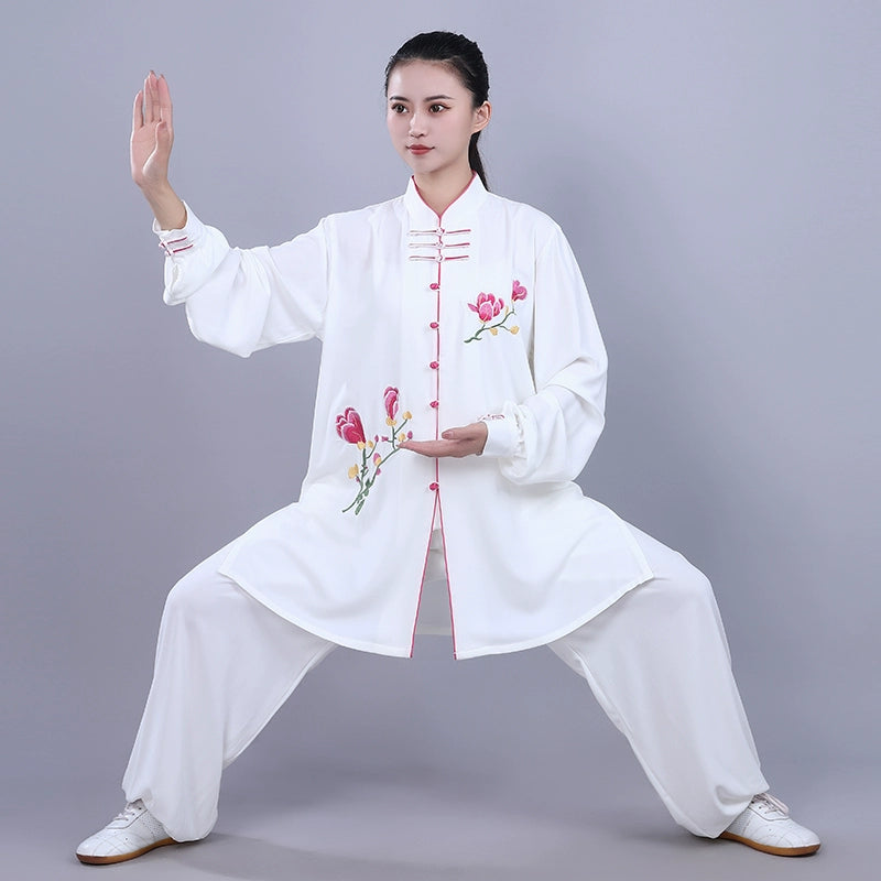 Black Flowers Tai Chi Clothing for Women Chinese Cotton Breathable Kungfu Uniforms Wushu Martial Arts Performance Clothes