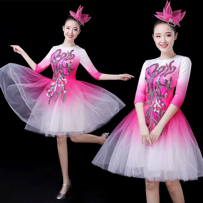 Chinese Folk Dance Costume Modern Dance Costume short green skirt with dance skirt short adult square dance pompon skirt chorus dress - Moderndancedress.com