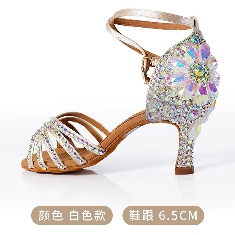 Women's Professional Latin Dance Shoes Sparkling Rhinestones White Black High-heeled Ballroom Tango Salsa Chacha National Standard Dance Shoes Girls Soft Sole - Moderndancedress.com