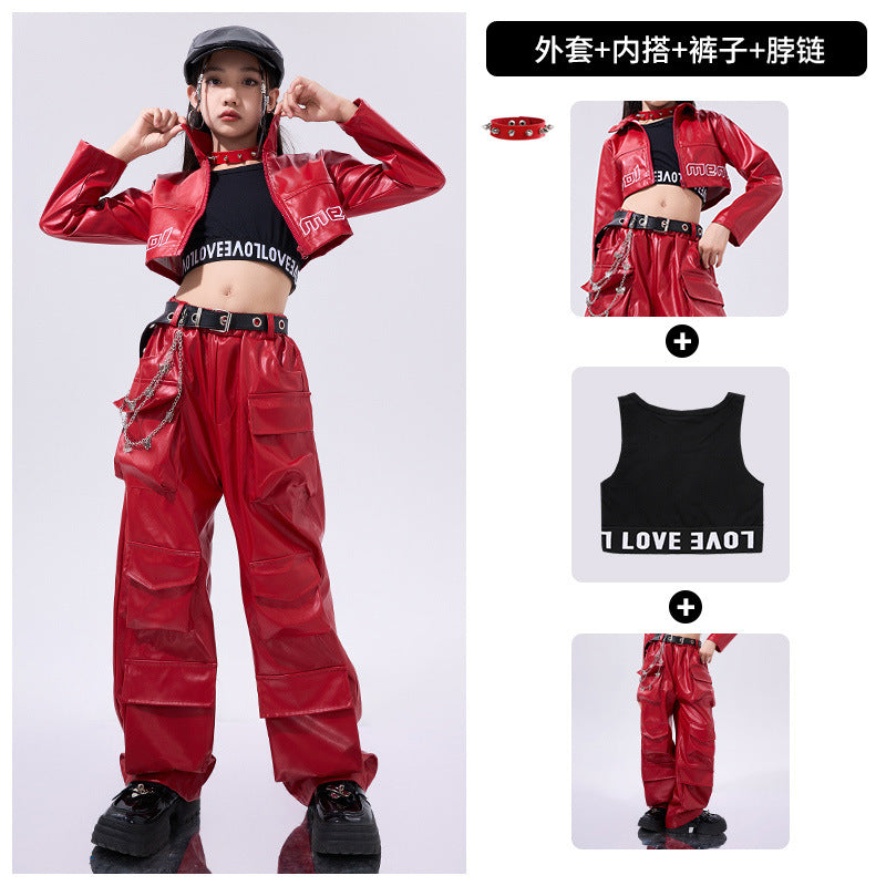 Girls Hiphop Dance Costumes for Kids Children Red Pu Leather Punk Rock Jazz Dance Wear Model Show Street Catwalk Dance Outfits