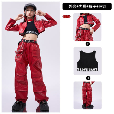 Girls Hiphop Dance Costumes for Kids Children Red Pu Leather Punk Rock Jazz Dance Wear Model Show Street Catwalk Dance Outfits