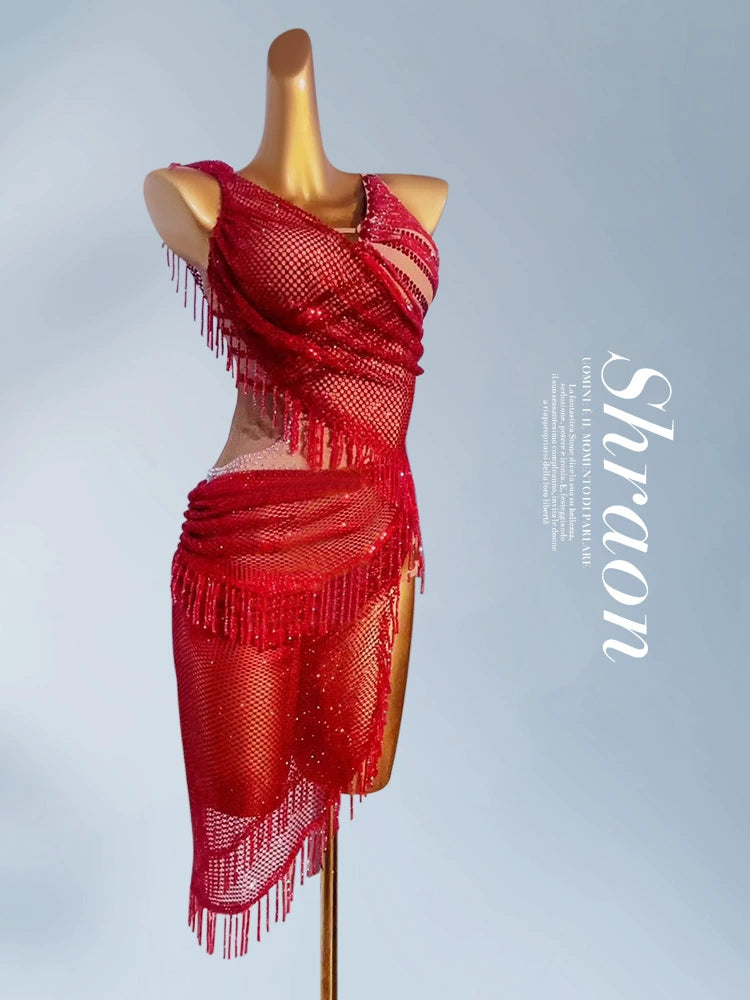 Custom Size Red Green Fringe Competition Latin Dance Dresses for Women Salsa Rumba Blackpool Dance Wear - Moderndancedress.com