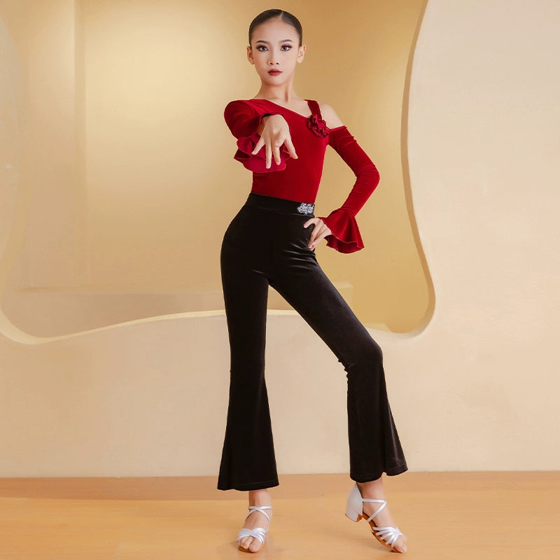 Girls Latin Ballroom Dance Costumes Wine Black Velver Flowers Slant Neck Salsa Rumba Chacha Training Stage Performance Outfits for Kids - Moderndancedress.com