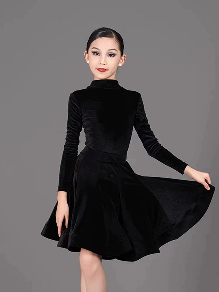Girls Kids Latin Dance Dresses Black Royal Blue Turtleneck Velvet Long Sleeves Fishbone Ballroom Latin Salsa Training Practice Dance Competition Uniform Moderndancedress.com Girls Kids Latin Dance Dresses Black Royal Blue Turtleneck Velvet Long Sleeves Fishbone Ballroom Latin Salsa Training Practice Dance Competition Uniform Moderndancedress.com