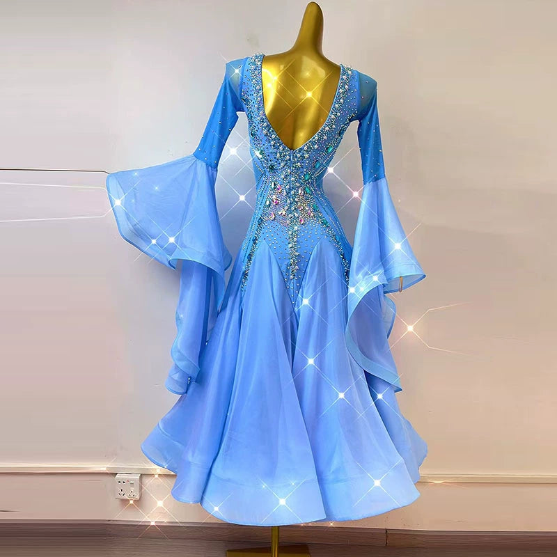 Custom Size Competition Ballroom Dance Dresses for Women Girls Blue Waltz Tango Rhythm Dance Long Swing Skirts - Moderndancedress.com