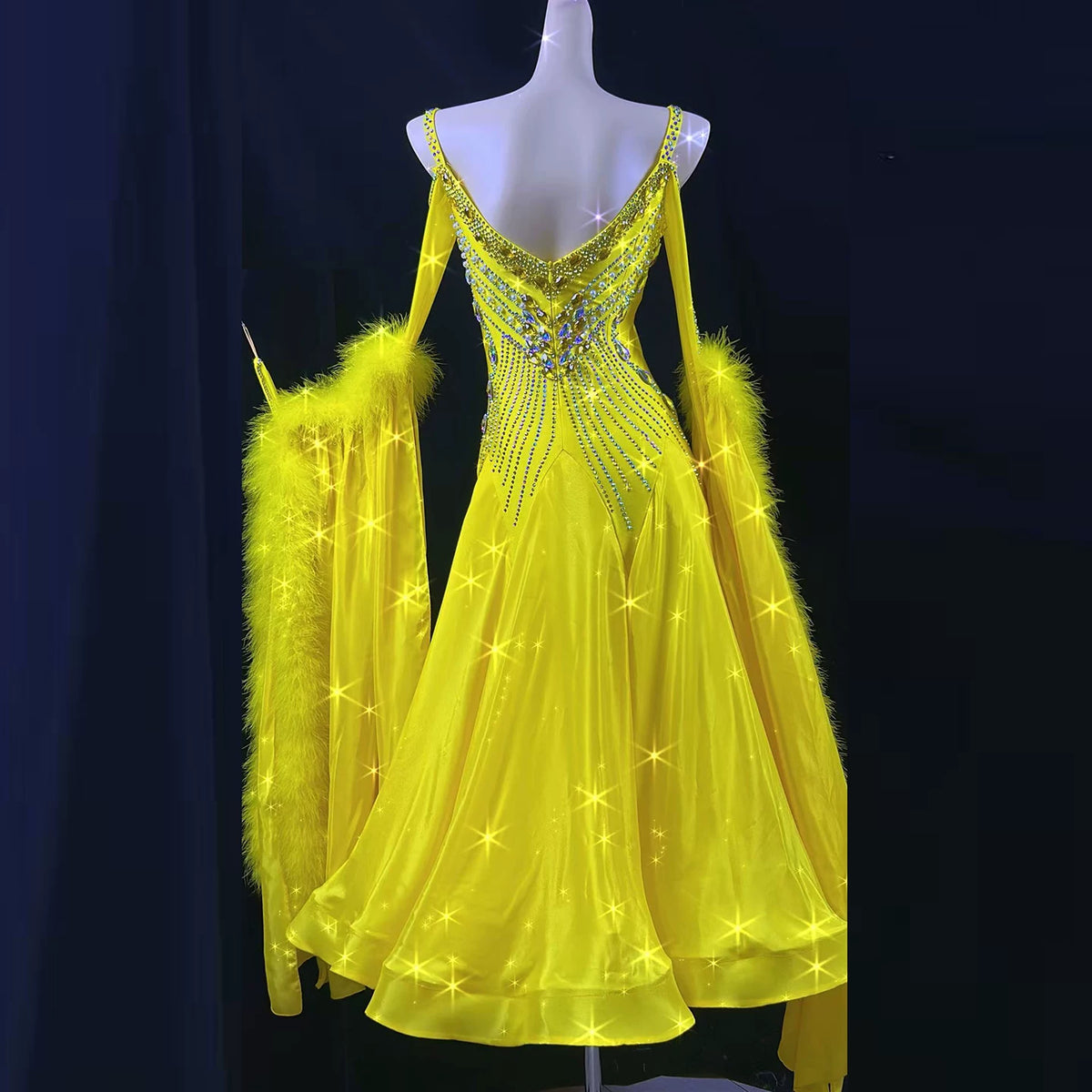 Custom Yellow Women's Competition Ballroom Dance Dress with Gold Crystal Foxtrot Waltz Perform Gown