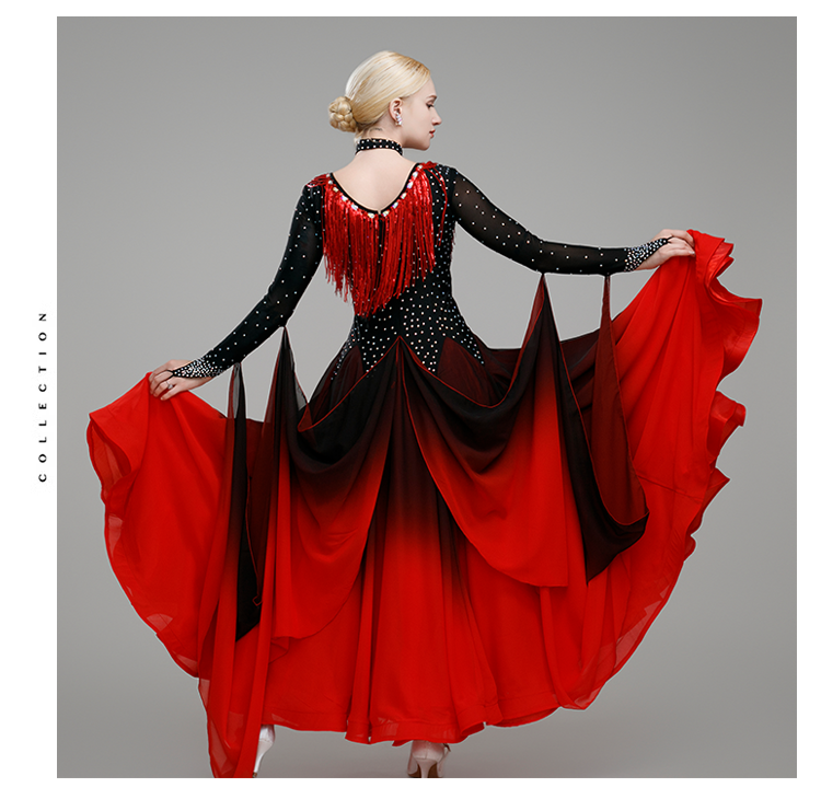 Gradient Red White Competition Ballroom Dance Dresses for Women Girls Waltz Tango Squin Fringe Modern Dance Skirt Party Dancing Gown - Moderndancedress.com