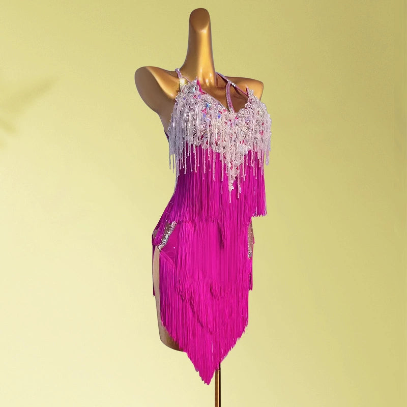 Customized size fuchsia orange fringe competition Latin dance dresses for women girls kids salsa chacha solo bling dance costumes art test wear - Moderndancedress.com