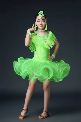 Kids Girls Competition Tassel Latin Dance Dresses Orange Red White Green Salsa Chacha Latin Party Performance Costume - Moderndancedress.com