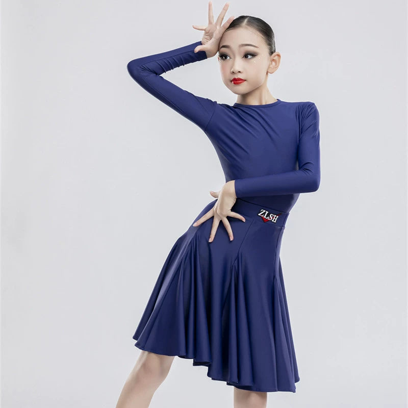 Navy red Latin dance competition dresses for girls kids professional regulations ballroom salsa latin pool dance suit skirt - Moderndancedress.com