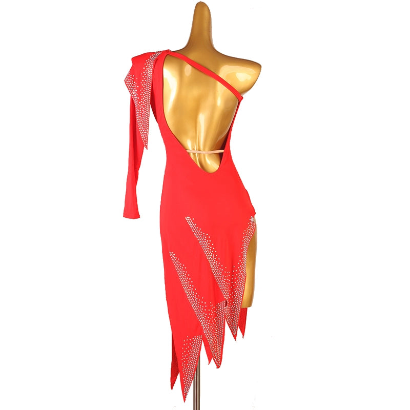 Red Slant neck Latin Dance Dress for women girls Competition one shoulder petals salsa  Rumba Cha Dance Skirt - Moderndancedress.com