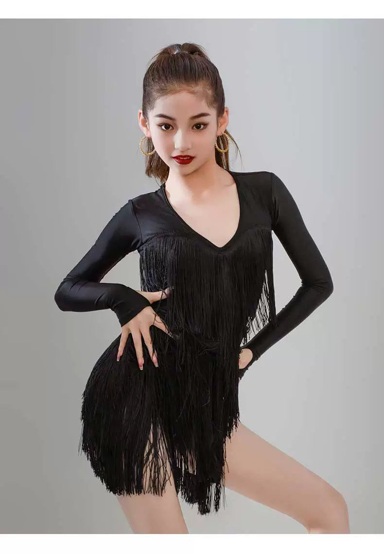 Navy Hot Pink Blue Gradient Fringe Long Sleeves Latin Dance Dresses for Girls Kids Salsa Rumba Chacha Party Performance Outfits for Children - Moderndancedress.com