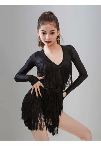 Navy Hot Pink Blue Gradient Fringe Long Sleeves Latin Dance Dresses for Girls Kids Salsa Rumba Chacha Party Performance Outfits for Children - Moderndancedress.com