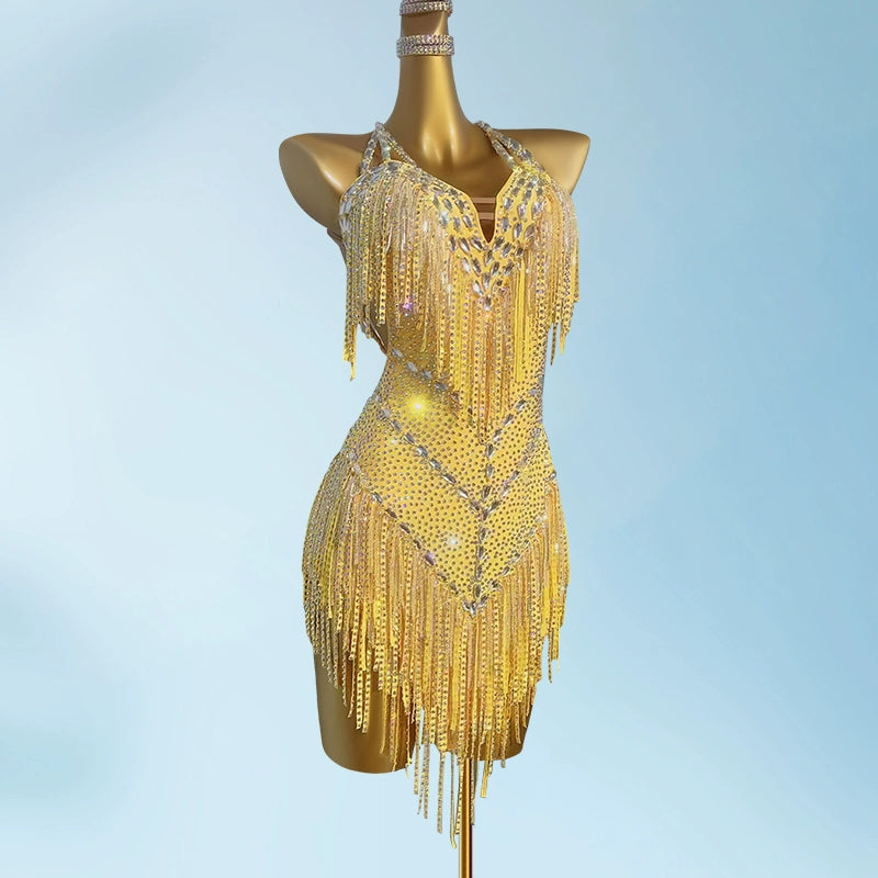 Custom Size Competition Latin Dance Dresses Gold Pink Rhinestones Blackpool Competition Latin Salsa Dance Costumes
