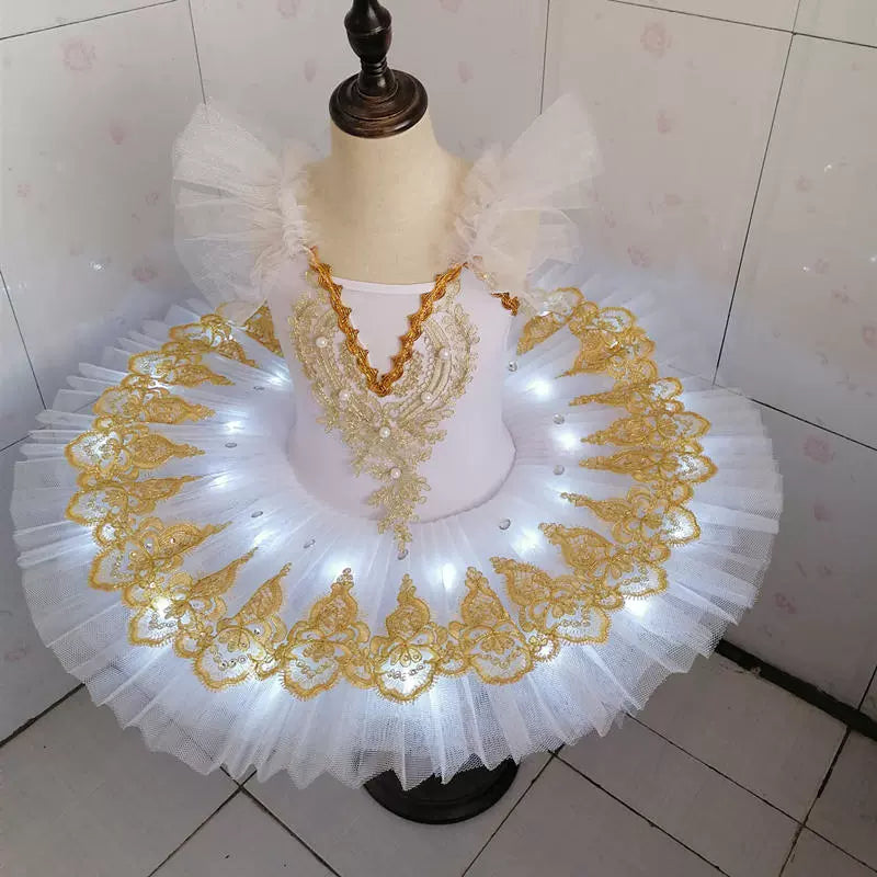 Children's LED Light White Tutu Skirt Kids Ballerina Little Swan Lake Ballet Dance Dress Paty Dress up Flat Tutu for Girls - Moderndancedress.com