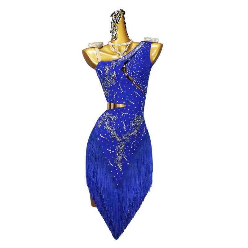Royal Blue Fringe Latin Dance Dresses for Women Girls Slant Neck Salsa Rumba Chacha Latin Competition Performance Costume - Moderndancedress.com