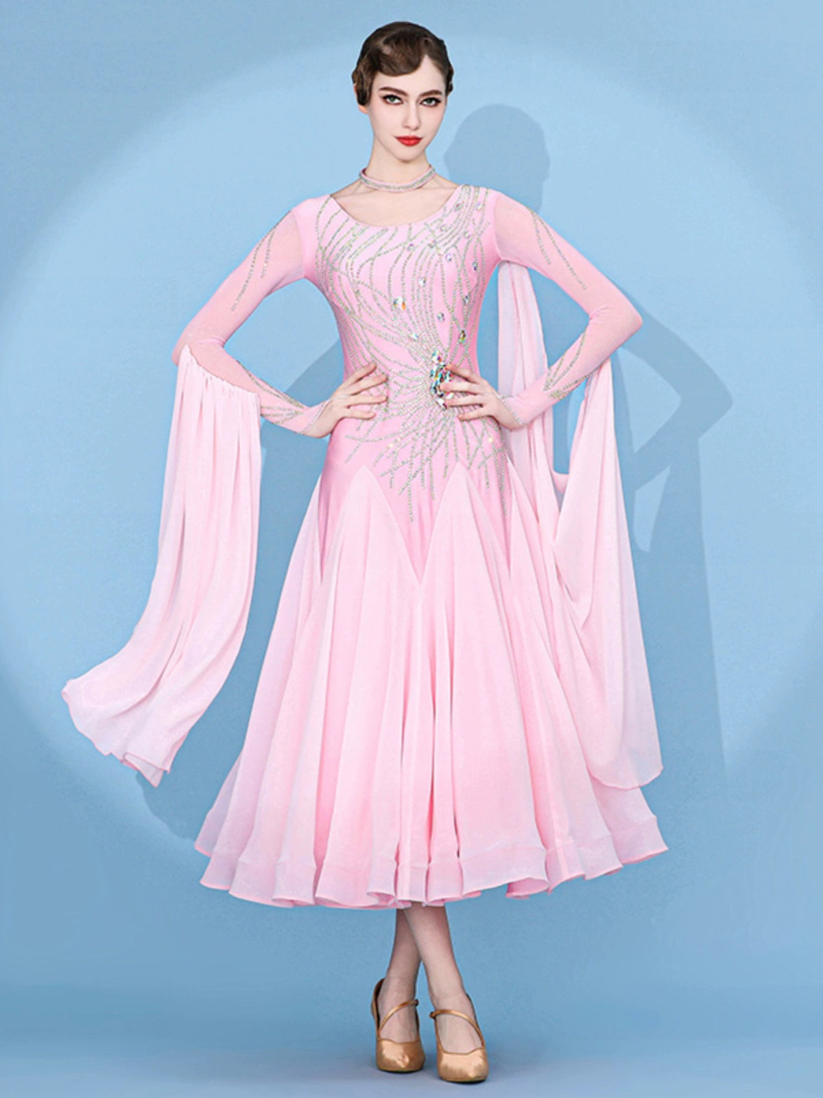 Custom size pink gemstones competition ballroom dance dresses for women girls kids Modern waltz tango foxtrot smooth rhythm performance gown - Moderndancedress.com