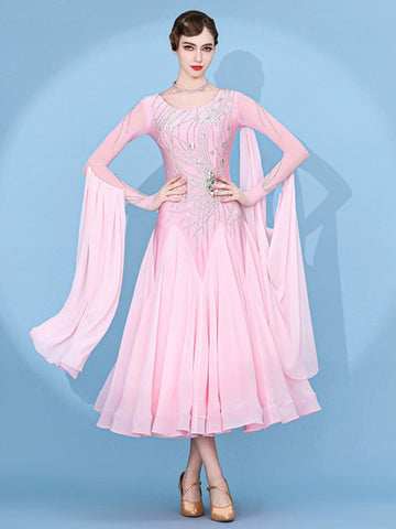 Custom size pink gemstones competition ballroom dance dresses for women girls kids Modern waltz tango foxtrot smooth rhythm performance gown - Moderndancedress.com