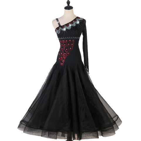 One Shoulder Rhinestones Competition Ballroom Dance Dresses for Women Girls Orange Black Waltz Tango Foxtrot Rhythm Performance Long Gown - Moderndancedress.com