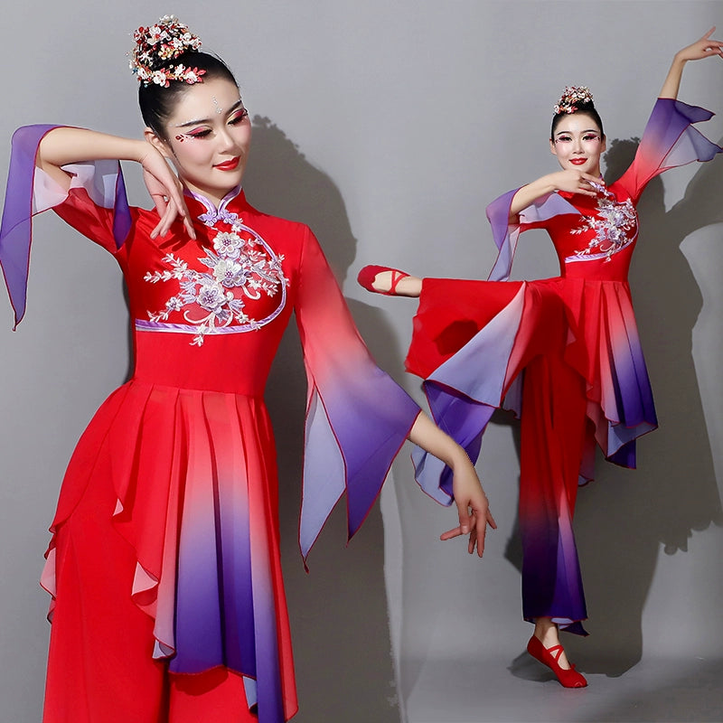 Red violet chinese folk dance costumes for women girls Jiaozhou Yangge umbrella dance dresses classical  fan dance suit - Moderndancedress.com