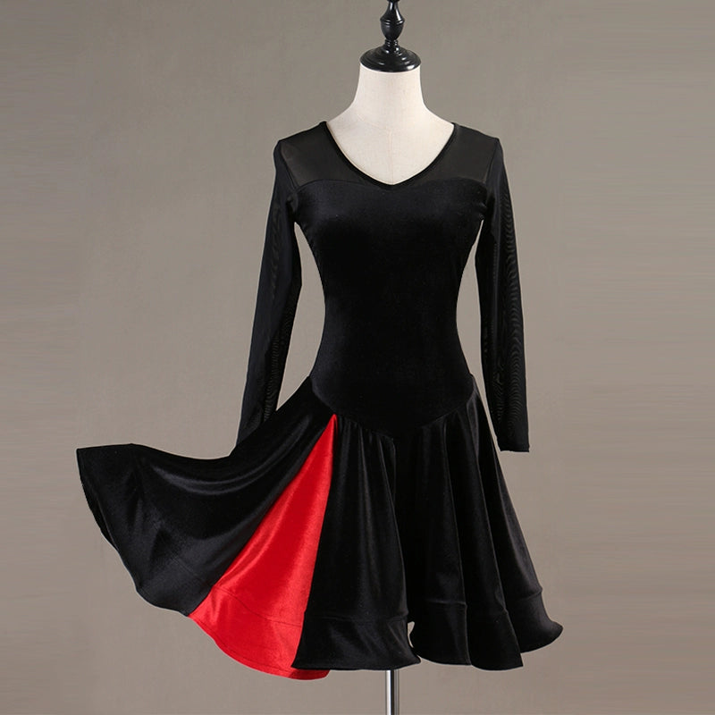 Latin Dance Dresses Women's Performance Spandex Georgette Appliques Crystals / Rhinestones Long Sleeves High Dress - Moderndancedress.com