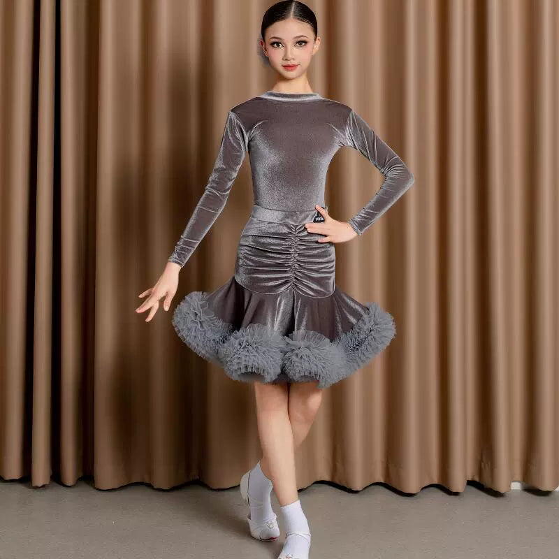 Girls Latin Dance Dresses Pink Wine Blue Velvet Ballroom Salsa Rumba Chacha Latin Performance Costumes for Kids