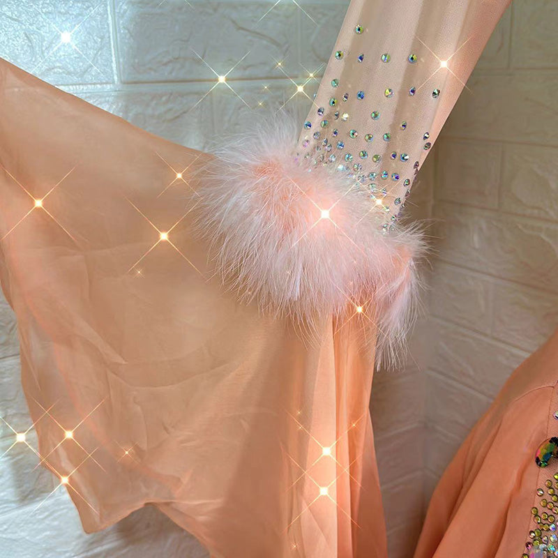 Customized Size Crystal Competition Light Orange Ballroom Dance Dresses for Women Girls Feather Rhythm Foxtort Smooth Waltz Dancing Long Gown - Moderndancedress.com