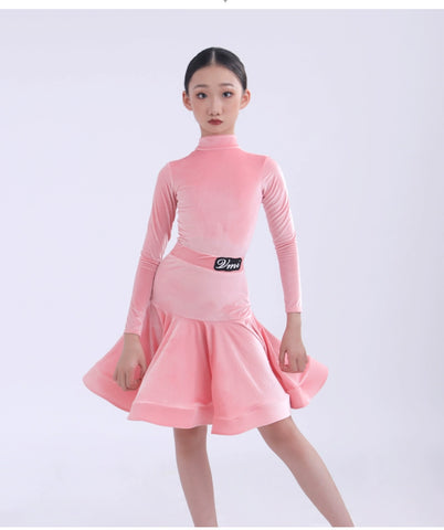 Girls kids competition ballroom latin dance dresses pink Ultra-thin velvet modern dance costume professional standard dance outfits - Moderndancedress.com