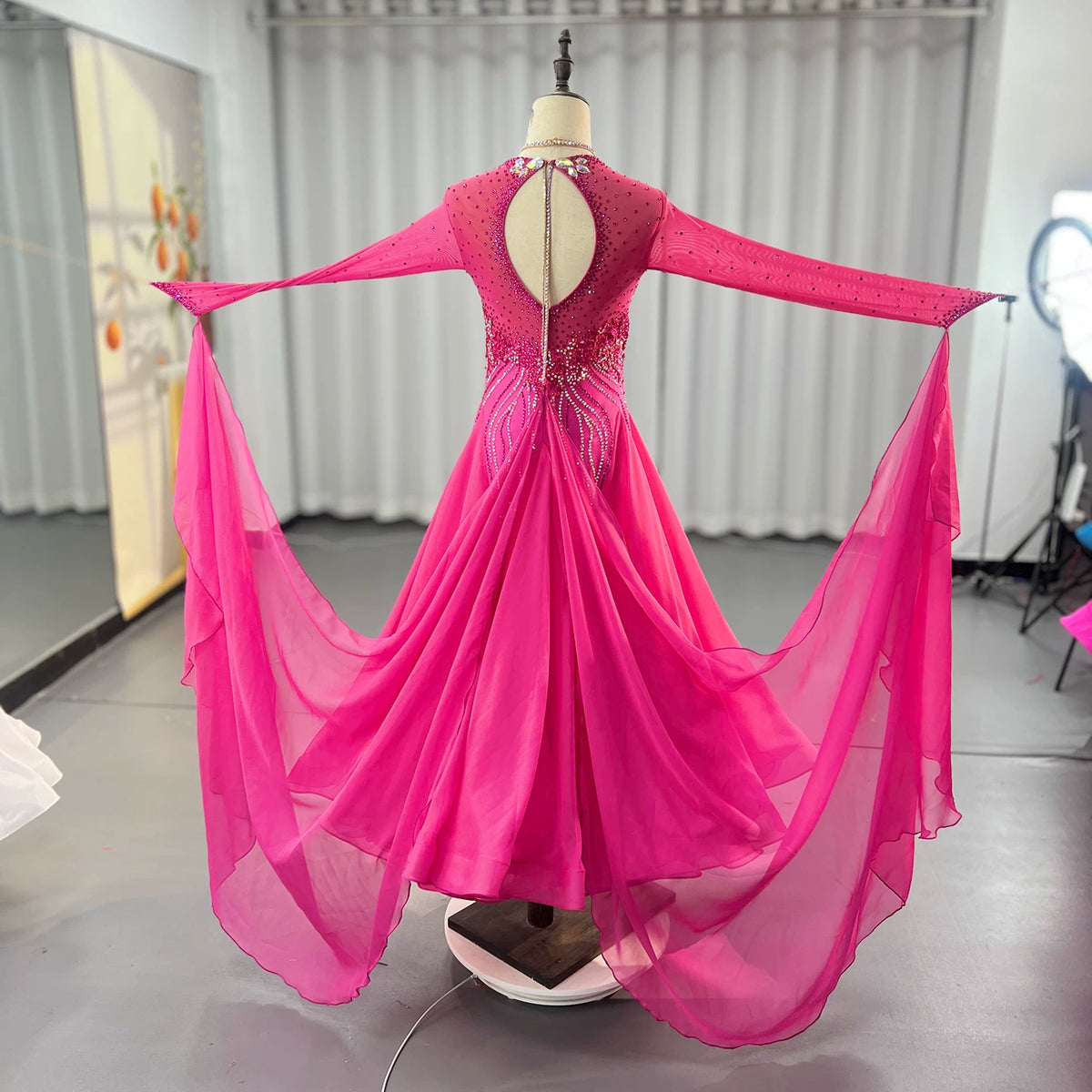 Customized Size Fuchsia Ballroom Dance Dress Bling Rose Flowers Foxtrot Waltz Dancing Gown