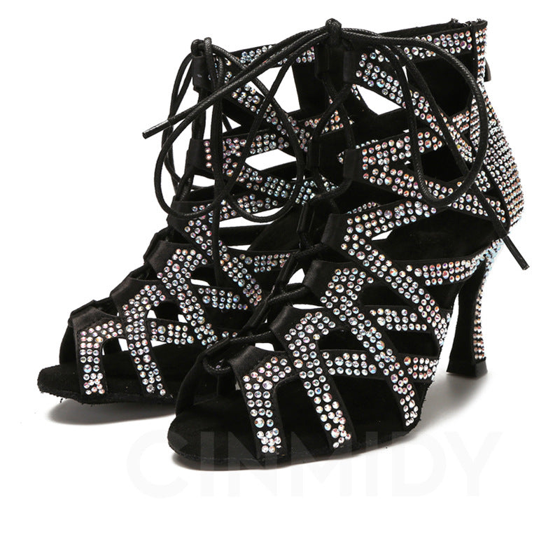 Competition blue black bling Latin dance shoes for women girls soft soles jazz ballroom salsa rumba chacha dance high heel sandals - Moderndancedress.com