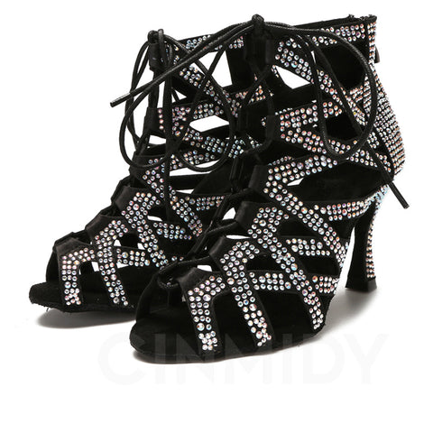 Competition blue black bling Latin dance shoes for women girls soft soles jazz ballroom salsa rumba chacha dance high heel sandals - Moderndancedress.com