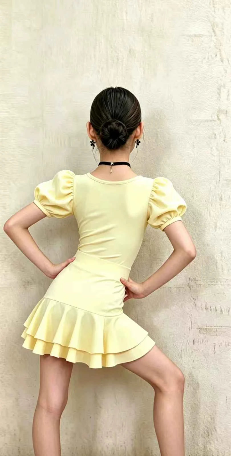 Girls Yellow Latin Dance Dress - 2-Piece Puff Sleeve Ballroom Costume