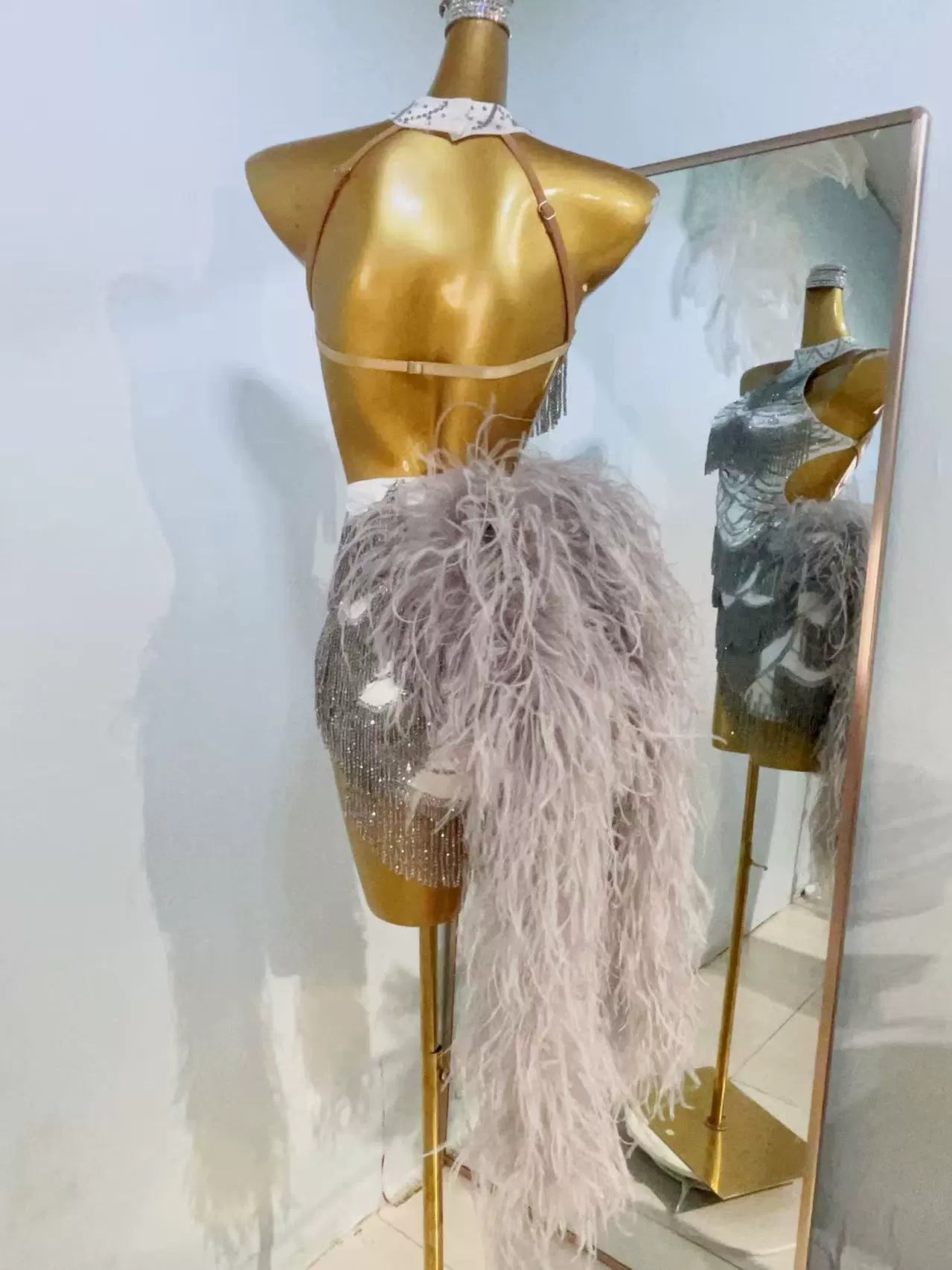 Custom Size Silver Feather Latin Dance Dresses for Women Salsa Rumba Samba Chacha Latin Dance Costume Tuxedo Skirts