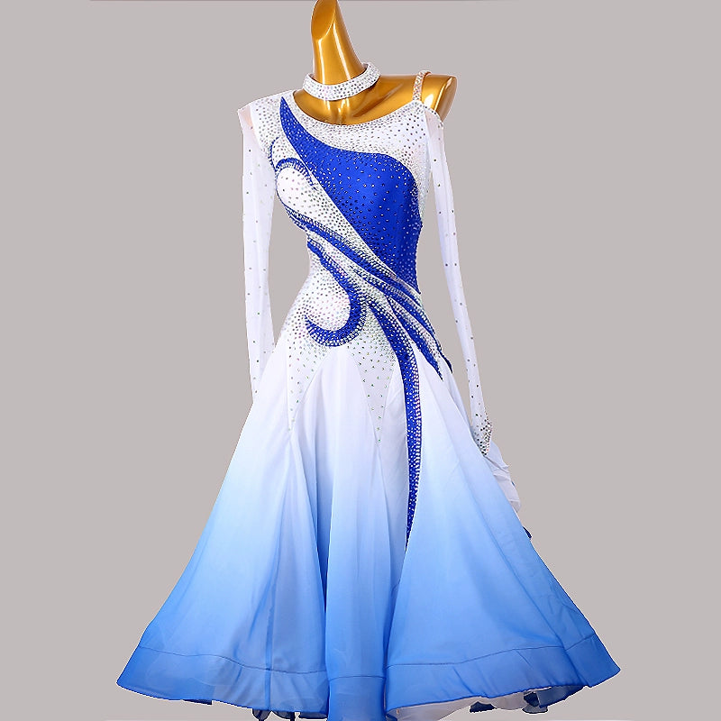 Custom Size Royal Blue White Ballroom Dance Dresses for Women Girls Waltz Tango Foxtrot Smooth Dance Long Swing Skirts