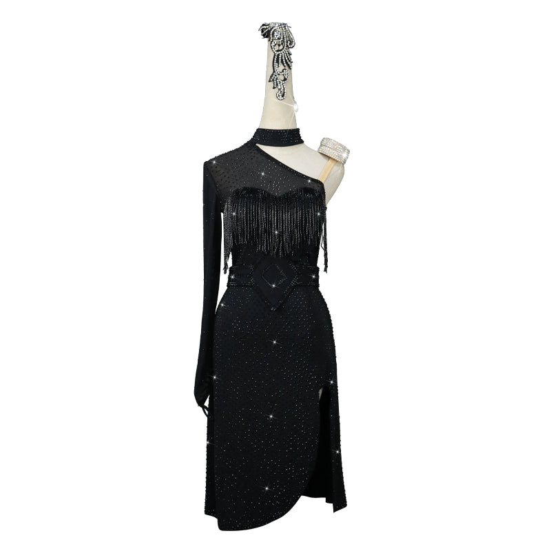 Black Bling Fringe Latin Dance Competition Dresses for Women Girls One Soulder Slant Neck Salsa Rumba Chacha Professional Dance Costumes - Moderndancedress.com