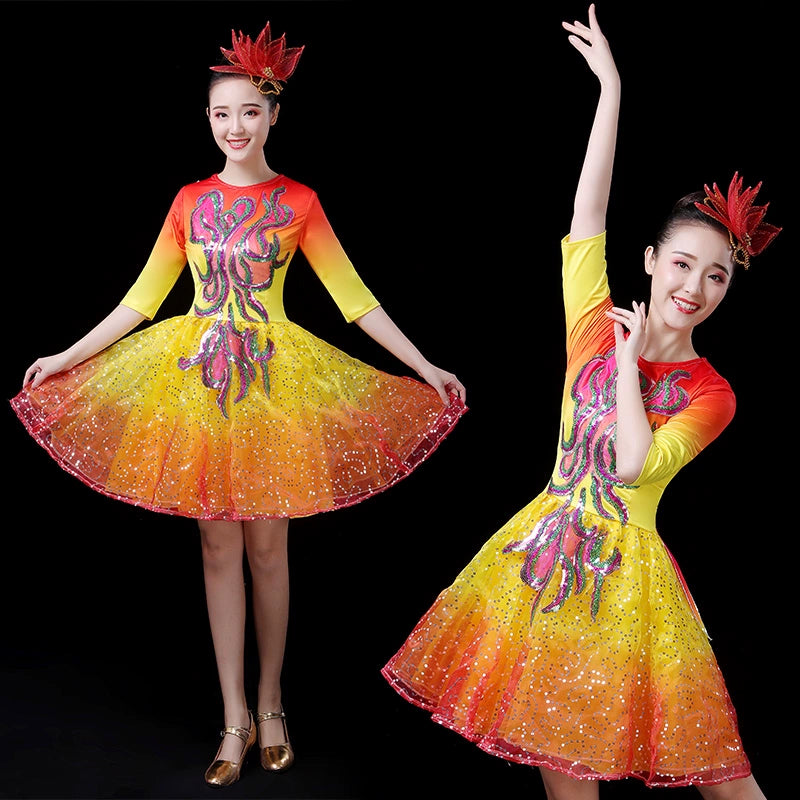Chinese Folk Dance Costume Modern Dance Costume short green skirt with dance skirt short adult square dance pompon skirt chorus dress - Moderndancedress.com