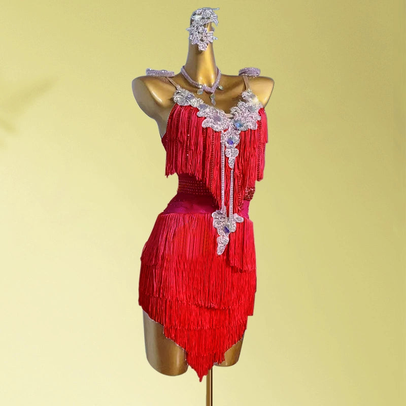 Custom Size Blue Pink Red Rhinestones Competition Latin Dance Dresses for Women Girls Salsa Rumba Chacha Tassel Dancing Skirts - Moderndancedress.com