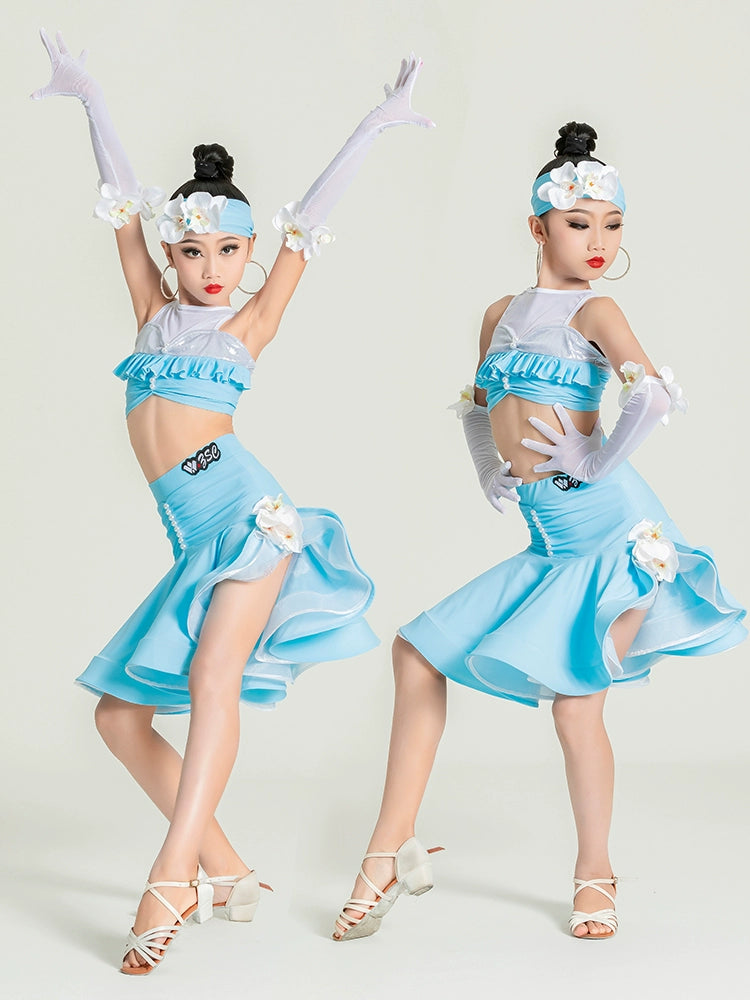 Children's light blue flowers Latin dance dresses kids salsa rumba ballroom regulations competition performance training clothing for girls - Moderndancedress.com