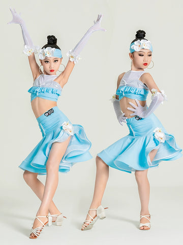 Children's light blue flowers Latin dance dresses kids salsa rumba ballroom regulations competition performance training clothing for girls - Moderndancedress.com