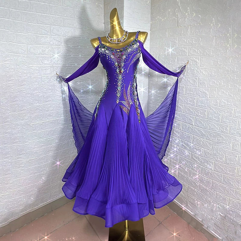 Custom Size Women's Violet Ballroom Dance Dress Bling Smooth Waltz Performance Costumes