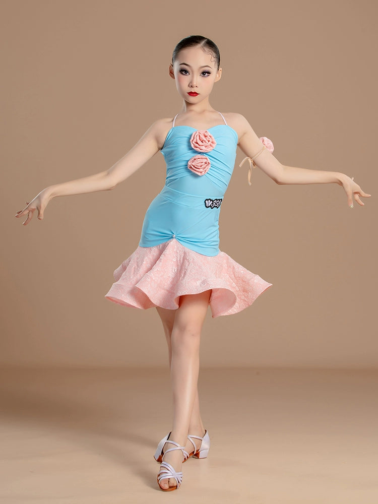 Pink blue flowers Latin dance dresses for girls kids ballroom salsa rumba chacha  split Latin training clothes for children - Moderndancedress.com