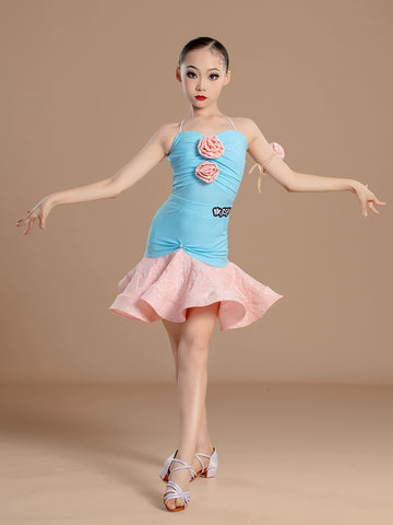 Pink blue flowers Latin dance dresses for girls kids ballroom salsa rumba chacha  split Latin training clothes for children - Moderndancedress.com